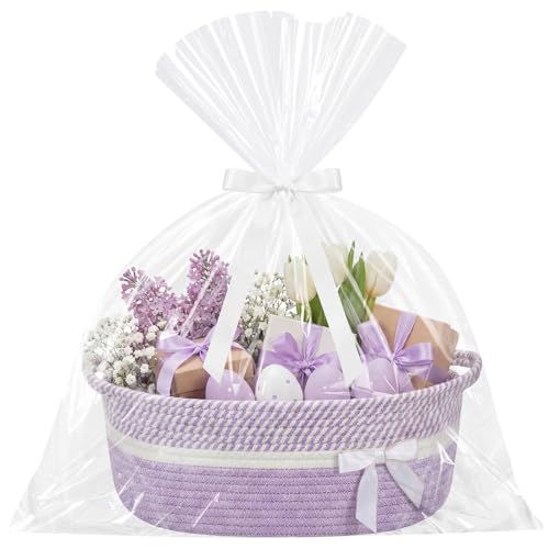 Colingmill Woven Gift Basket Empty with Handles Ribbons Bow Tie Bag 14 x 10 x 55 Inch Medium Decorative Woven Gift Basket Rope Storage Box Home Decor14 x 10 x 55 InchLight Purple White - Image 1