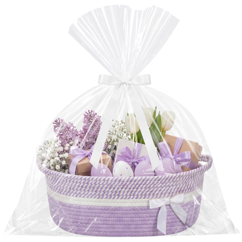 Colingmill Woven Gift Basket Empty with Handles Ribbons Bow Tie Bag 14 x 10 x 55 Inch Medium Decorative Woven Gift Basket Rope Storage Box Home Decor14 x 10 x 55 InchLight Purple White - Image 2