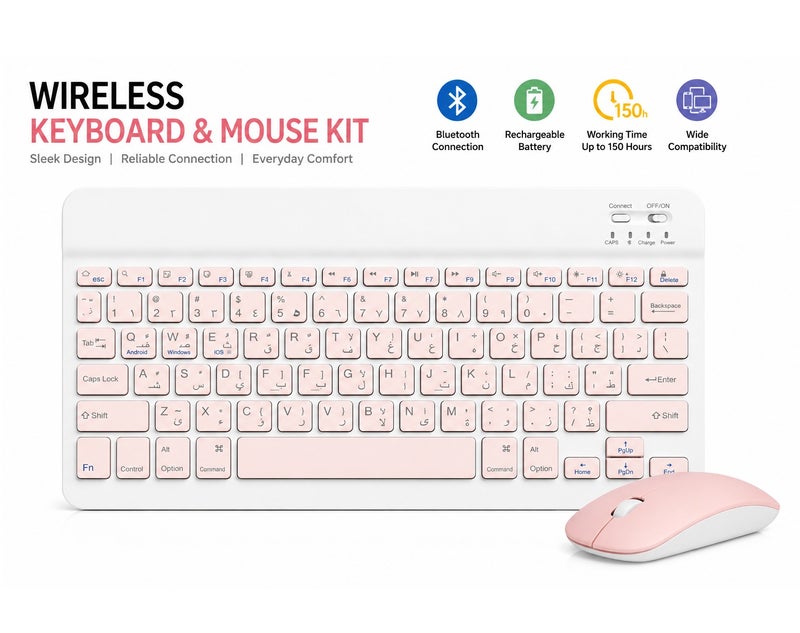 VENDIX Wireless Keyboard and Mouse Combo Arabic English Bluetooth Rechargeable Slim Portable Keyboard for Tablet iPad Laptop Windows Android iOS - Image 2
