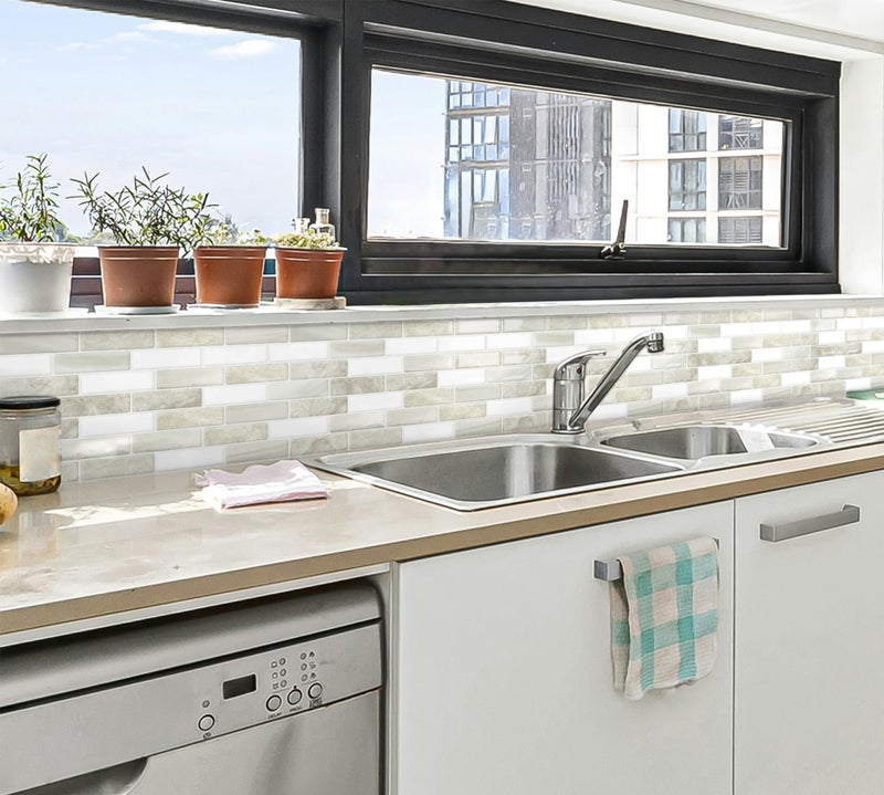 Tiwoos Thick Peel and Stick Backsplash Tile 12"x12" Kitchen Bathroom Self Adhesive Wall Tiles Beige & White (10-Sheet) - Image 5