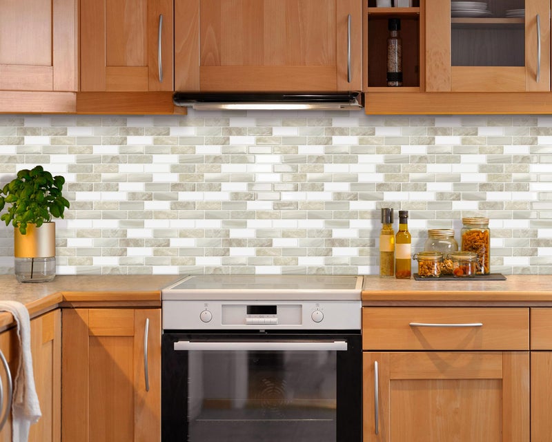 Tiwoos Thick Peel and Stick Backsplash Tile 12"x12" Kitchen Bathroom Self Adhesive Wall Tiles Beige & White (10-Sheet) - Image 2