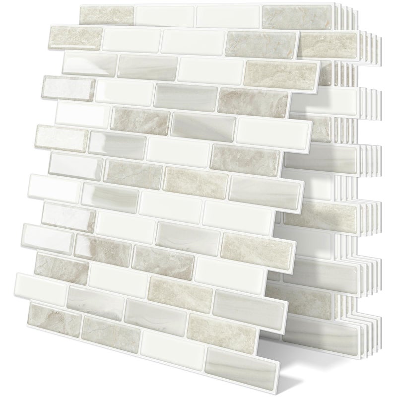 Tiwoos Thick Peel and Stick Backsplash Tile 12"x12" Kitchen Bathroom Self Adhesive Wall Tiles Beige & White (10-Sheet) - Image 1