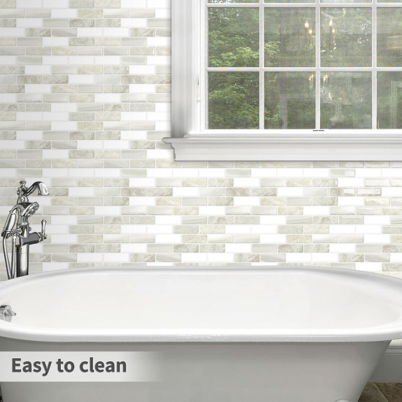 Tiwoos Thick Peel and Stick Backsplash Tile 12"x12" Kitchen Bathroom Self Adhesive Wall Tiles Beige & White (10-Sheet) - Image 3