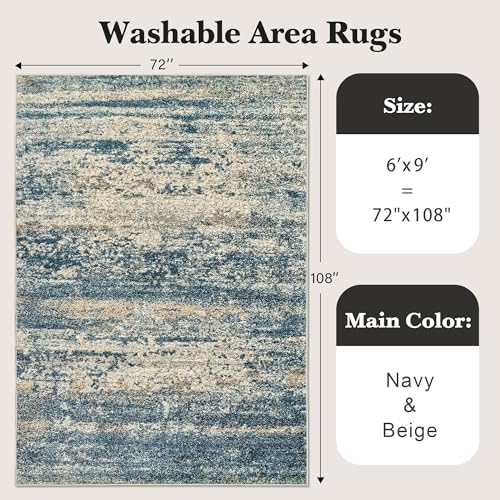 Art&Tuft Washable Rug, Anti-Slip Backing Abstract Area Rug 6x9, Stain Resistant Rugs for Living Room, Foldable Machine Washable Area Rug 6x9, Navy - Image 2