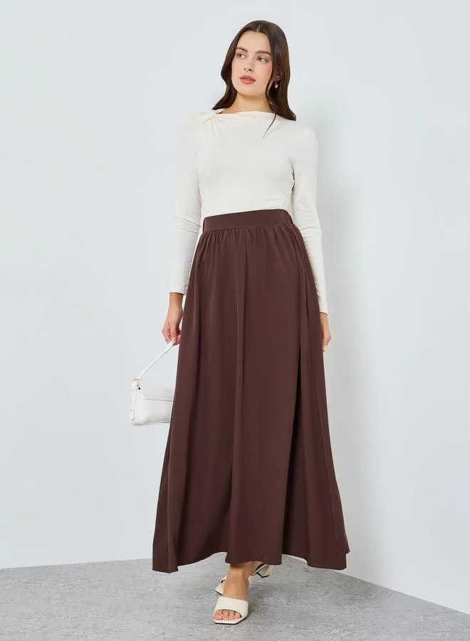 Women Brown Solid A-Line Ruffled Maxi Skirt