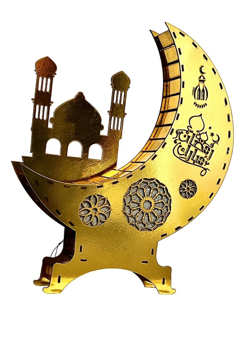 Wooden Gold Ramadan Crecent with colorful changable lighting (XL size) 45 * 36 cms  - Image 1