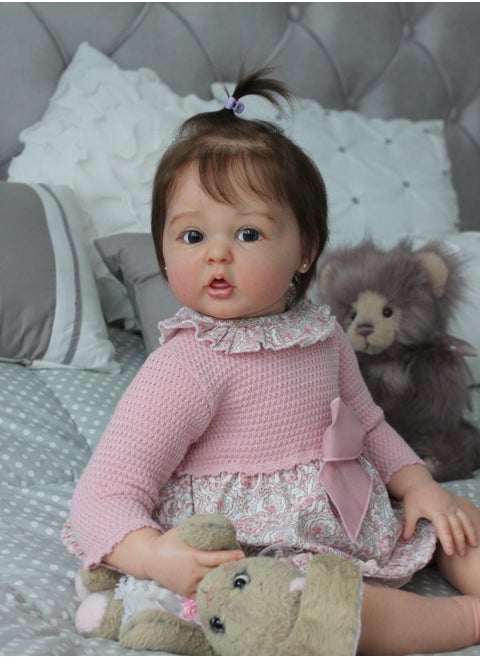 22 Inch Lifelike Reborn Toddler Dolls Full Body Vinyl Silicone with Long Hair, Beautiful Realistic Newborn Baby Doll with Feeding Toy for Kids Birthday.
