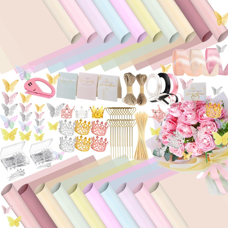 DNSGOOR 548Pcs Flower Wrapping Paper Kit with 200Sheets Waterproof Bouquet Wrapping Paper Decor Crowns 3D Butterfly Bouquet Pins Ribbons for Valentines Graduation Birthday Home Party - Image 1