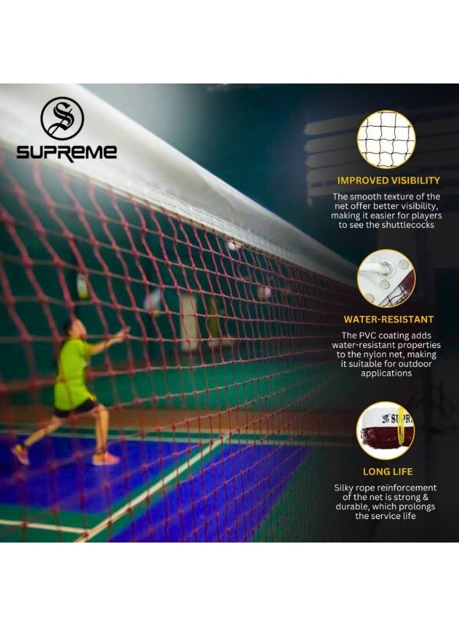 SUPREME Supreme Badminton Net Silky-P.P (4 Side Tape) Tournament Qlty. (Pack Of 1) Badminton Net  (Maroon, White) - Image 1