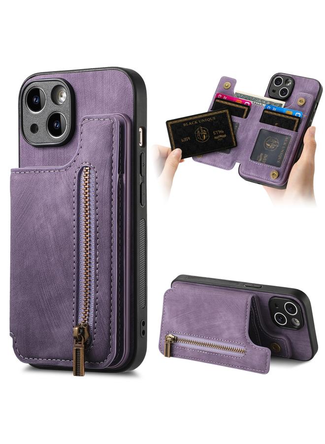 The Bros Case For iPhone 14 Plus Retro Leather Zipper Wallet Back Phone Case 