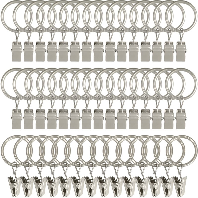 LLPJS 44 Pack Curtain Rings with Clips Curtain Clip Rings Hooks Bow Hanger Clips for Hanging Drapery Drapes Bows Ring 1 inch Interior Diameter Fits up to 58 Rod Matte Silver