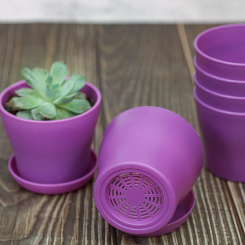 TDHDIKE 10 Pcs Plastic Planters Indoor Flower Plant Pots, Mini Flower Seedlings Nursery Pot/Planter/Flower Pot with Pallet, Modern Decorative Gardening Containers (Purple) - Image 3