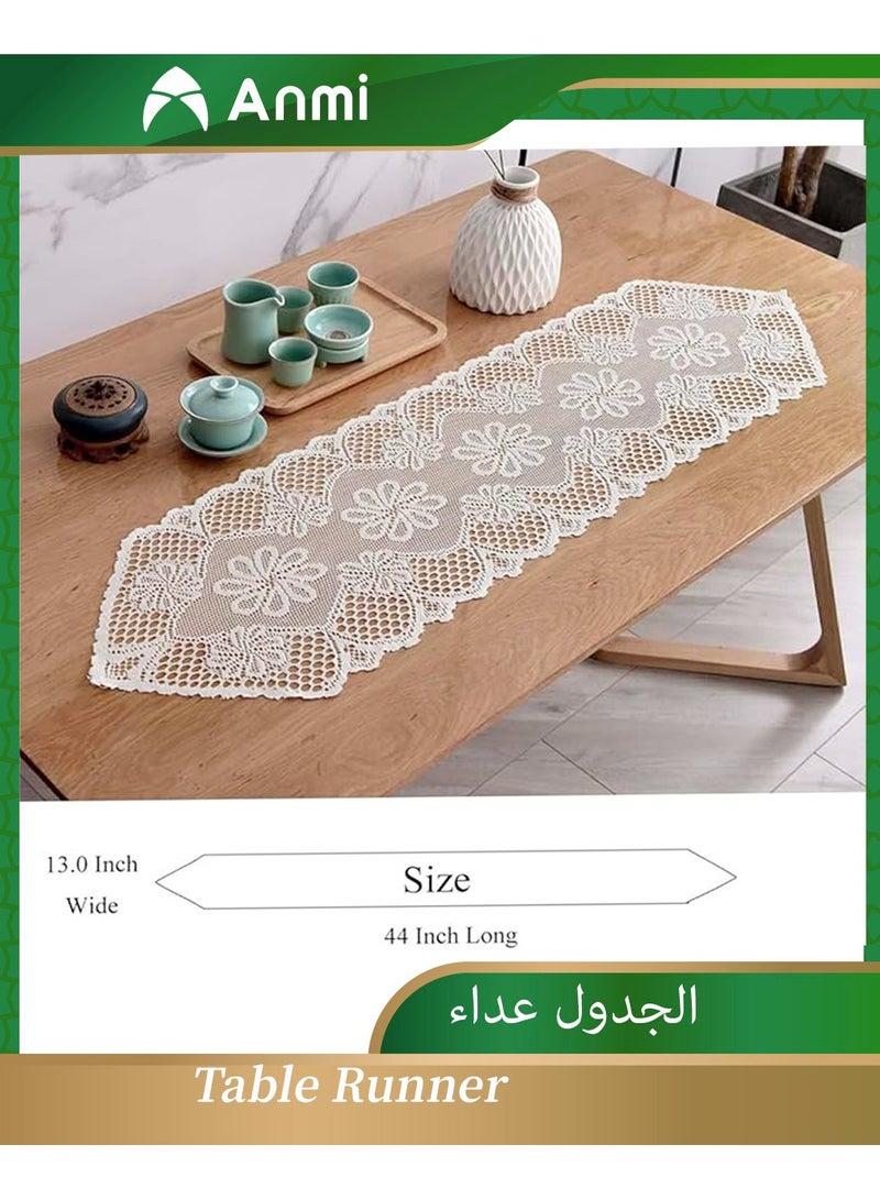 Anmi Pure White Lace Table Runners 13x44 Inch - Vintage Crochet for Ramadan Eid, Muslim Wedding Decor - Coffee Table, Dresser Scarf Saudi UAE - Image 1