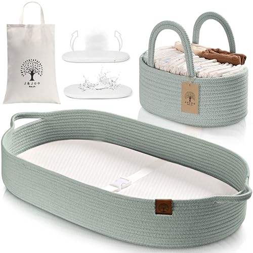 JJOO Baby Changing Basket Includes Diaper Caddy - Soft & Waterproof Dual-Cover, Portable, Changing Pad for Dresser & Changing Table, Gift for Baby Shower, Organic Cotton Rope - Image 1
