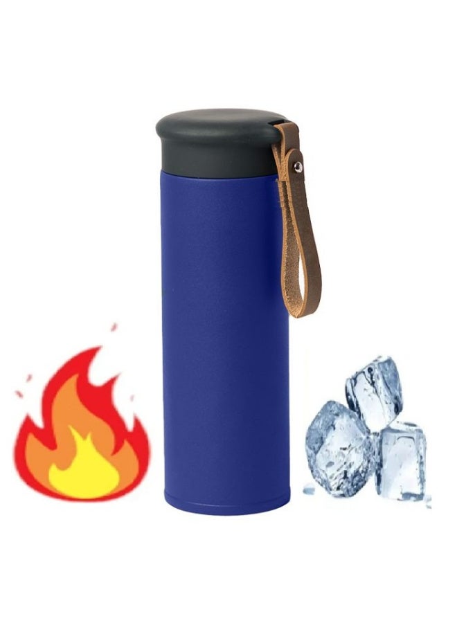 Thermal water bottle, thermal thermos, travel mug, 450ml vacuum insulated, made of 304 stainless steel, leakproof, keeps drinks hot and cold for several hours, with a leather carrying strap - ideal for use in the car, office, sports and travel. - Image 1