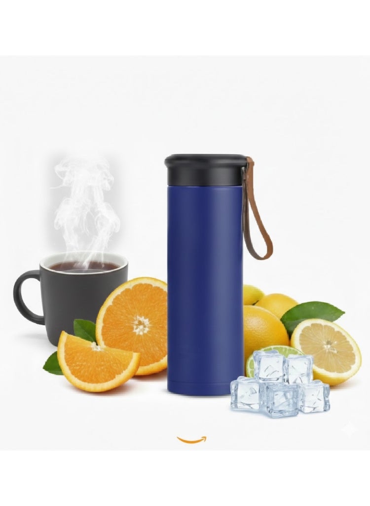 Thermal water bottle, thermal thermos, travel mug, 450ml vacuum insulated, made of 304 stainless steel, leakproof, keeps drinks hot and cold for several hours, with a leather carrying strap - ideal for use in the car, office, sports and travel. - Image 1