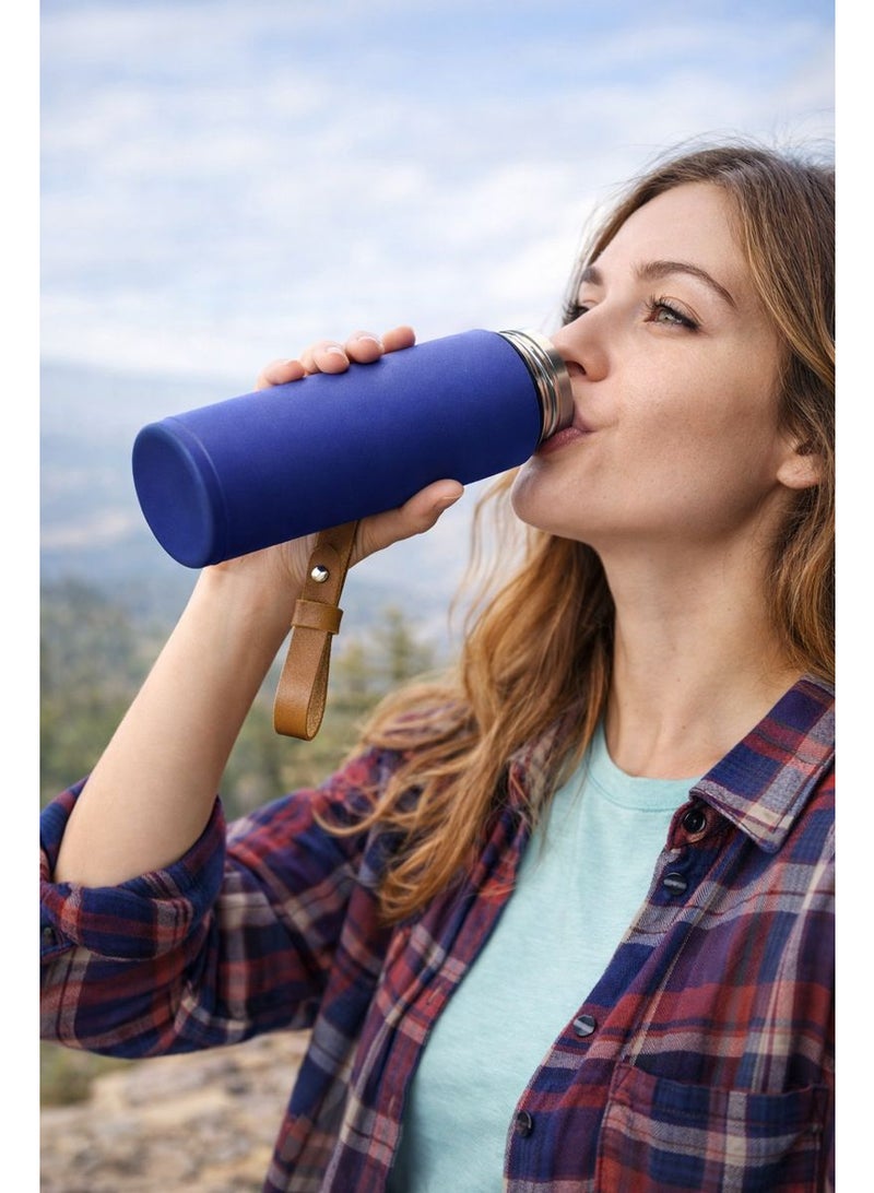 Thermal water bottle, thermal thermos, travel mug, 450ml vacuum insulated, made of 304 stainless steel, leakproof, keeps drinks hot and cold for several hours, with a leather carrying strap - ideal for use in the car, office, sports and travel. - Image 2