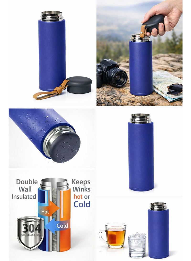 Thermal water bottle, thermal thermos, travel mug, 450ml vacuum insulated, made of 304 stainless steel, leakproof, keeps drinks hot and cold for several hours, with a leather carrying strap - ideal for use in the car, office, sports and travel. - Image 3