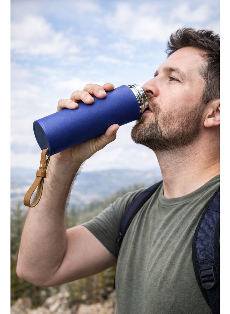 Thermal water bottle, thermal thermos, travel mug, 450ml vacuum insulated, made of 304 stainless steel, leakproof, keeps drinks hot and cold for several hours, with a leather carrying strap - ideal for use in the car, office, sports and travel. - Image 4