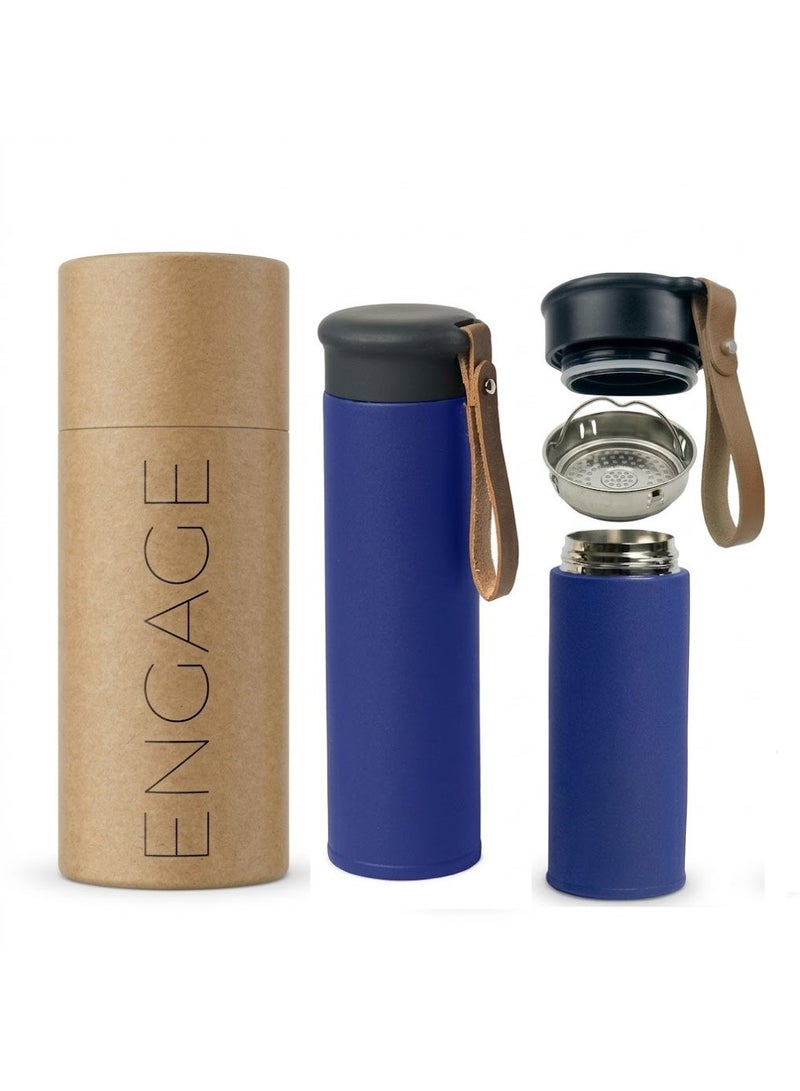 450ml Stainless Steel Thermal Tea and Coffee Bottle Thermal Water Bottle Blue with internal tea infuser, airtight lid, and carrying strap. Ideal for travel, work, and trips. - Image 1