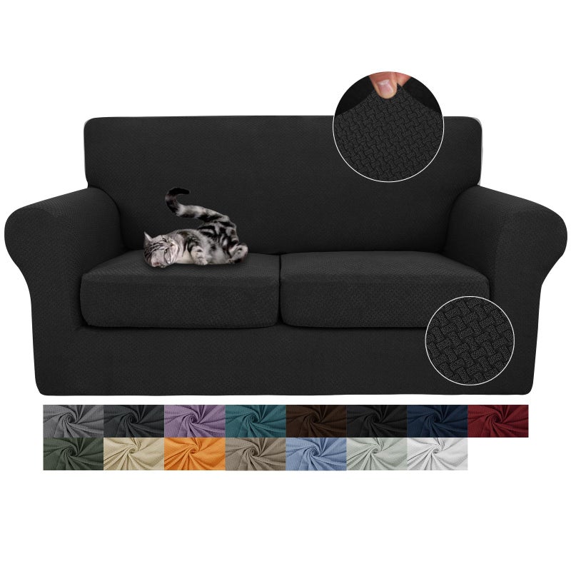 JIVINER 3 Pieces Stretch Couch Covers for 2 Cushion Couch Fitted Thick Loveseat Sofa Slipcover with 2 Seat Cushion Covers for Living Room Pet Dogs Loveseat Black