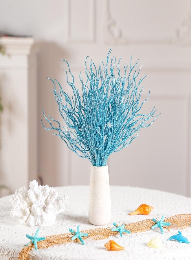 Vercraft 8 Pcs Blue Coastal Christmas Decorations Artificial 15.7inch Artificial Flowers Glitter Coastal Ornaments for Christmas Tree Ocean Beach Coral Nautical Treebranch Stem Pick Filler for Vase - Image 3