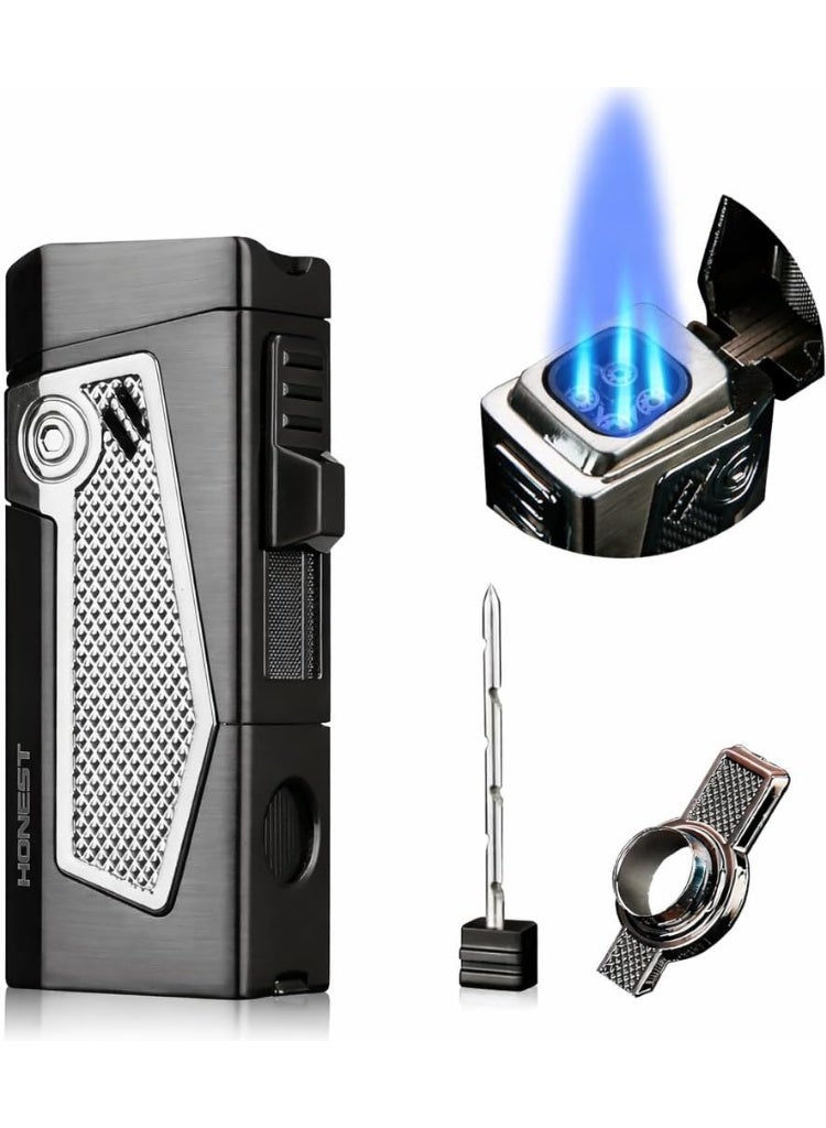 Honest Windproof Lighter Quadruple 4 Jet Flame Refillable For Men Gift Ideas, Lighter for Outdoor, BBQ, Camping, Lighter for Cigar, Oud, Bukhoor (Without Gas) - Image 1