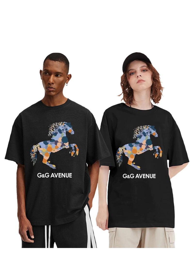 G&G AVENUE - Heavy cotton fabric Men's Sports Style Pure Cotton Thick Oversized Round Neck T-shirt Black New Trend Colored Horse Pattern Casual Style (One Piece) - Image 1
