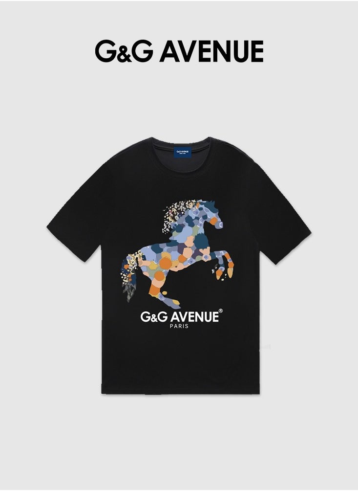 G&G AVENUE - Heavy cotton fabric Men's Sports Style Pure Cotton Thick Oversized Round Neck T-shirt Black New Trend Colored Horse Pattern Casual Style (One Piece) - Image 1