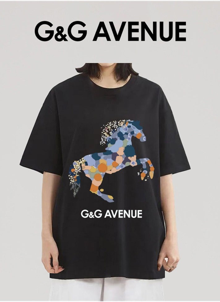 G&G AVENUE - Heavy cotton fabric Men's Sports Style Pure Cotton Thick Oversized Round Neck T-shirt Black New Trend Colored Horse Pattern Casual Style (One Piece) - Image 1