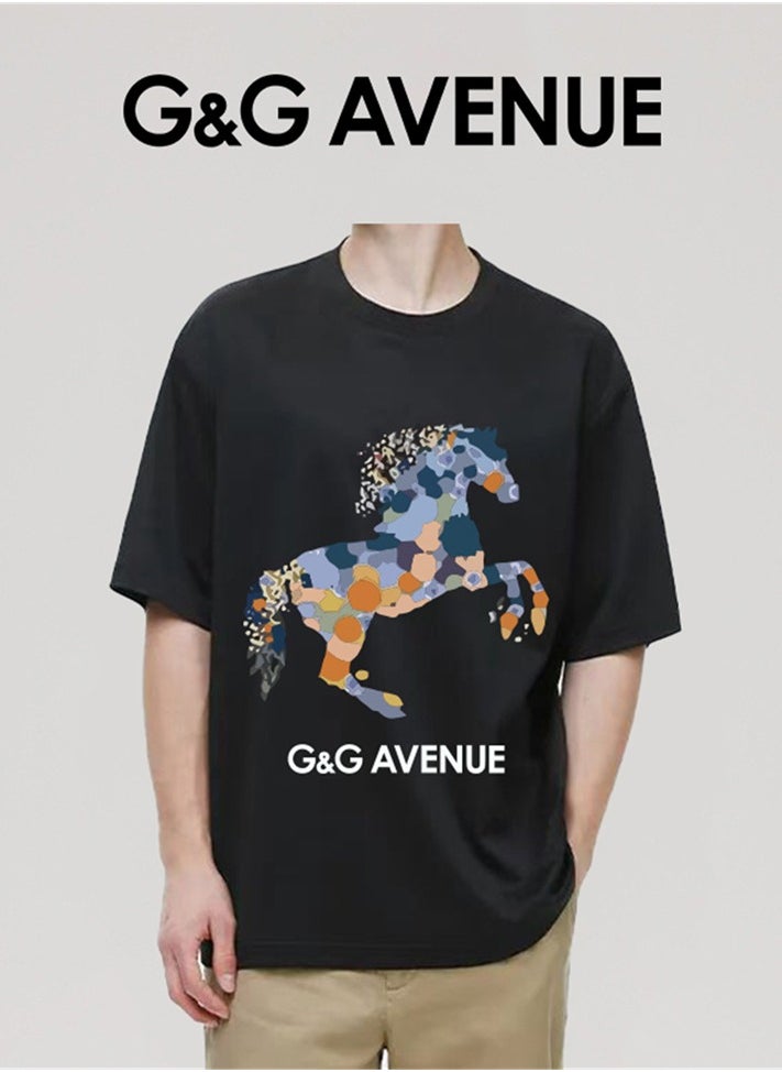 G&G AVENUE - Heavy cotton fabric Men's Sports Style Pure Cotton Thick Oversized Round Neck T-shirt Black New Trend Colored Horse Pattern Casual Style (One Piece) - Image 1