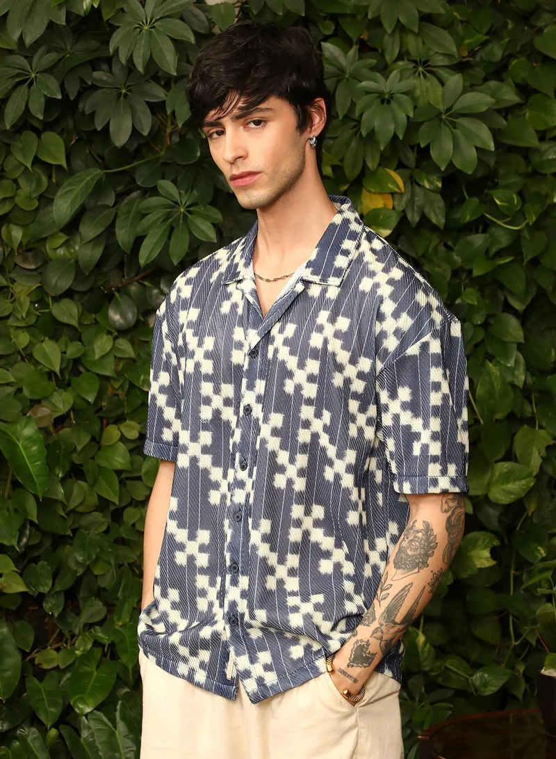 كامبوس سوترا قميص كامبس سوترا رجالي أزرق بروسي شبكي بقصة واسعة للملابس الكاجوال