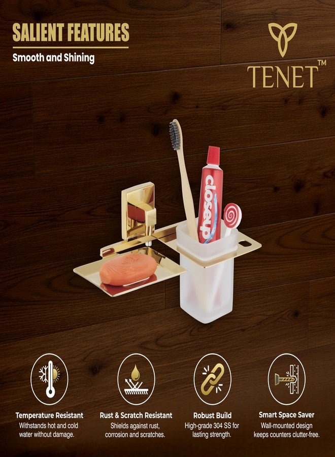 Tenet 2 in 1 Soap Dish with Tumbler Holder | 304 Grade Stainless Steel | Wall Mounted Rust-Free Soap Tray with Toothbrush Holder for Bathroom & Washbasin (Gold) | 1 Year Warranty - Image 2