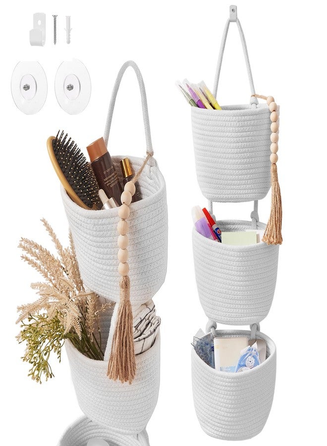 LIGHT DUST Fabric Wall Hanging Organizers - Small Woven Baskets Pouches Set Boho Style Wall Mounted Bag with Adhesive Hook, Storage Decoration Pocket Caddy for Closet Playroom RV Nursery (Small White & White) - Image 1
