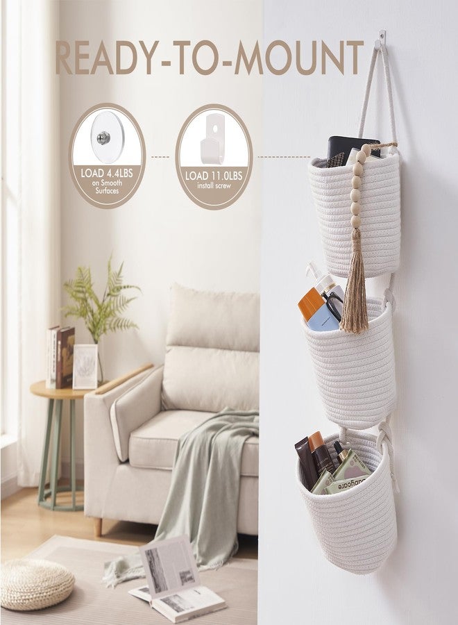 LIGHT DUST Fabric Wall Hanging Organizers - Small Woven Baskets Pouches Set Boho Style Wall Mounted Bag with Adhesive Hook, Storage Decoration Pocket Caddy for Closet Playroom RV Nursery (Small White & White) - Image 5
