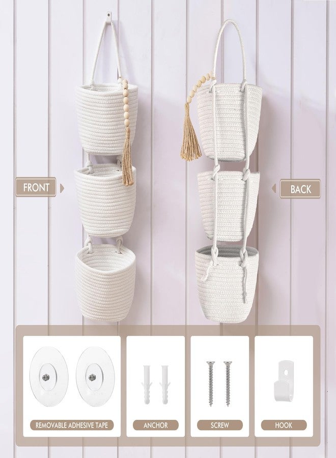 LIGHT DUST Fabric Wall Hanging Organizers - Small Woven Baskets Pouches Set Boho Style Wall Mounted Bag with Adhesive Hook, Storage Decoration Pocket Caddy for Closet Playroom RV Nursery (Small White & White) - Image 3