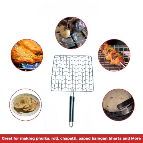 Brunchy Stainless Steel Papad Maker: Kitchen Finds Bati Maker Oven on Gas with Roaster Wire, Gas Stove Grill, Roasting Grill Net Pan & Round Wire Rack for Efficient Cooking (Square Wooden, Large) - Image 5