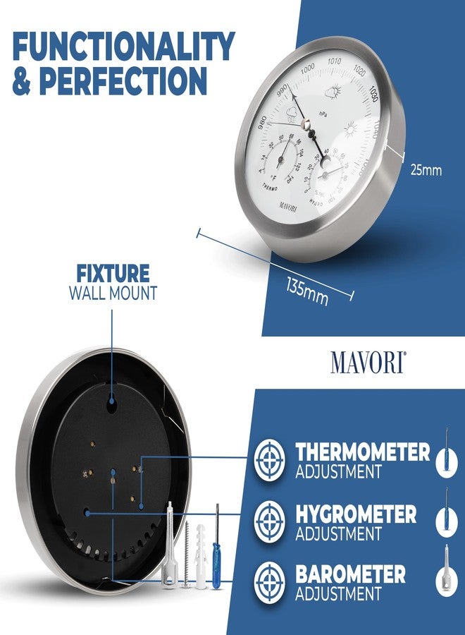 MAVORI® 3in1 Weather Station Analog - Barometer, Hygrometer & Thermometer for Indoor - Ø 13,5cm Stainless Steel Frame with Acrylic Glass - Great Barometers for Home - Barometric Pressure Gauge - Image 3