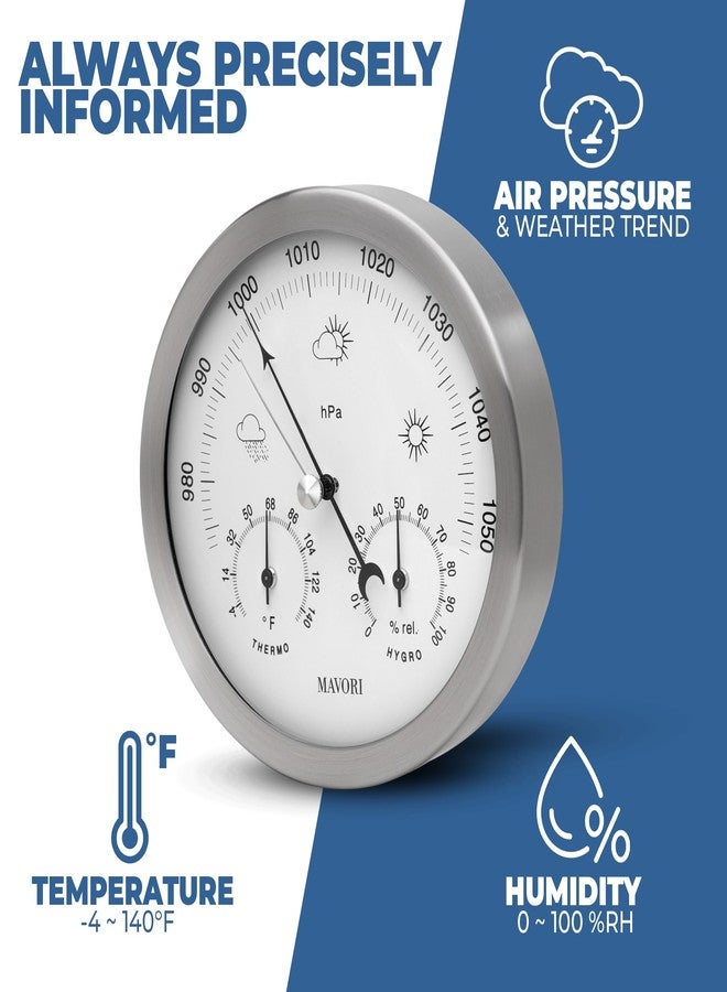 MAVORI® 3in1 Weather Station Analog - Barometer, Hygrometer & Thermometer for Indoor - Ø 13,5cm Stainless Steel Frame with Acrylic Glass - Great Barometers for Home - Barometric Pressure Gauge - Image 2