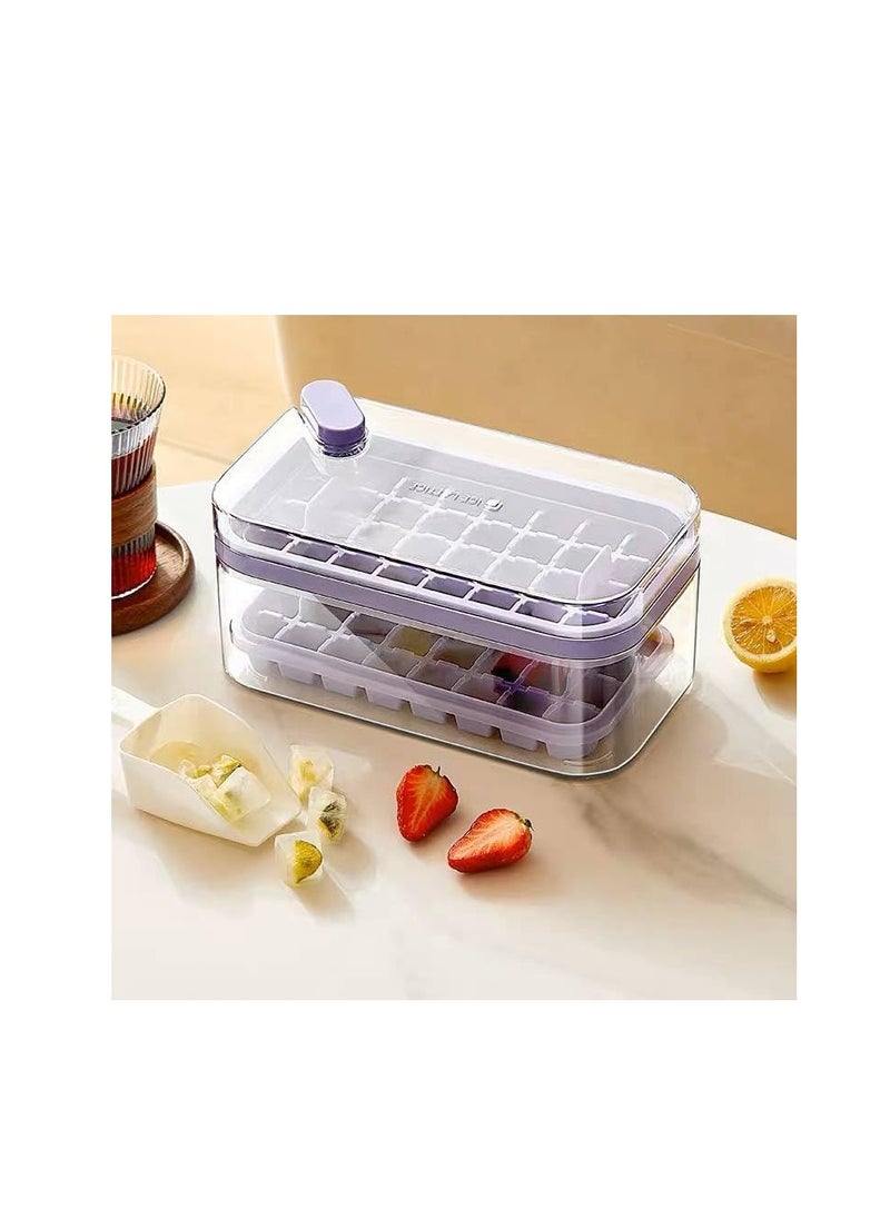 Reusable One-Button 2-Tier Ice Cube Tray with Lid and Scoop, One Bucket Makes 64 Ice Cubes for Cocktails Other Drinks H