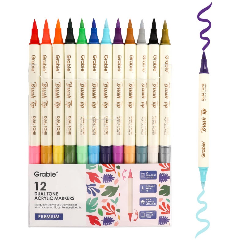 Grabie 24 Colors Paint Markers, Acrylic Paint Pens with 12 Dual-Color Brush Tips, Dual Tone Acrylic Markers for Rocks, Acrylic Paint Markers for Art Supplies (24 Colors) - Image 1