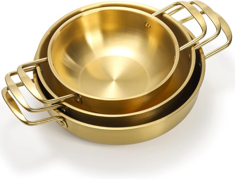 Okllen Set of 3 Korean Ramen Noodle Pot with Handles, Stainless Steel Everyday Pan, Golden Korean Cooking Pot for Soup, Noodle, Pasta, Home and Outdoor, Dishwasher Safe, Size 7", 8.7", 9.5" - Image 3