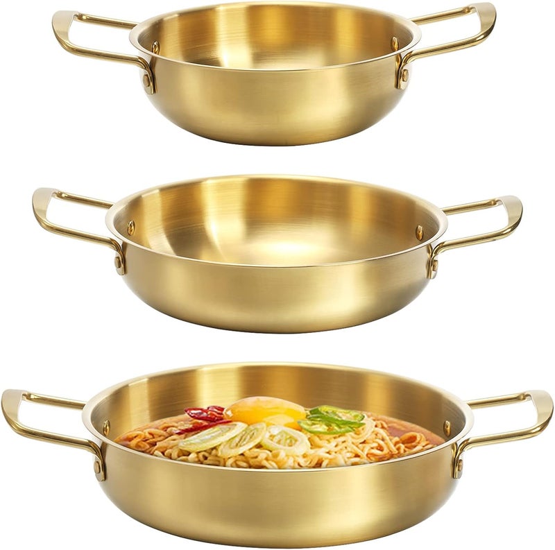 Okllen Set of 3 Korean Ramen Noodle Pot with Handles, Stainless Steel Everyday Pan, Golden Korean Cooking Pot for Soup, Noodle, Pasta, Home and Outdoor, Dishwasher Safe, Size 7", 8.7", 9.5" - Image 1