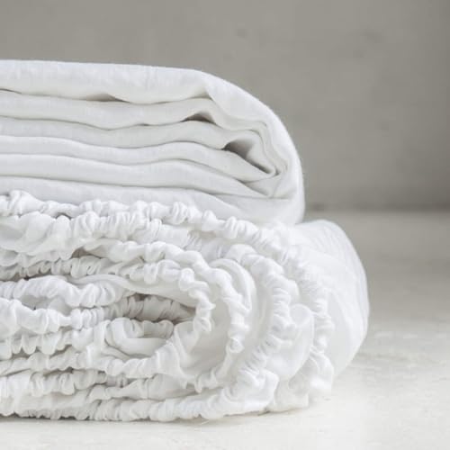 King Linens 100 Linen Fitted Sheet Stone Washed Solid Color 1 Piece 14 inch Deep Pocket Mattress Cover Soft Natural Breathable Farmhouse White King Size