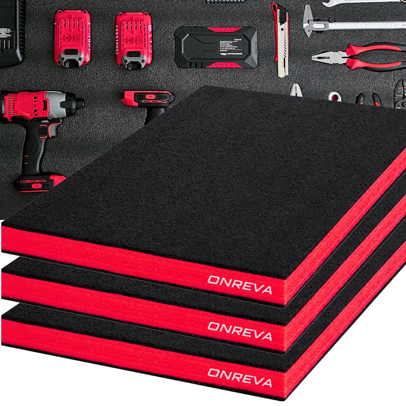 ONREVA Tool Box Foam 16x12x2 inch 3Pack, Foam Inserts for Cases, Polyethylene Storage Sheets for Toolbox Hard Case, Tool Shadow Insert, Kaizen Organizer Sheet, Black with Red
