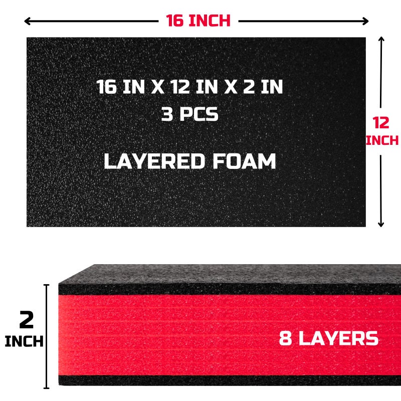 ONREVA Tool Box Foam 16x12x2 inch 3Pack, Foam Inserts for Cases, Polyethylene Storage Sheets for Toolbox Hard Case, Tool Shadow Insert, Kaizen Organizer Sheet, Black with Red - Image 2