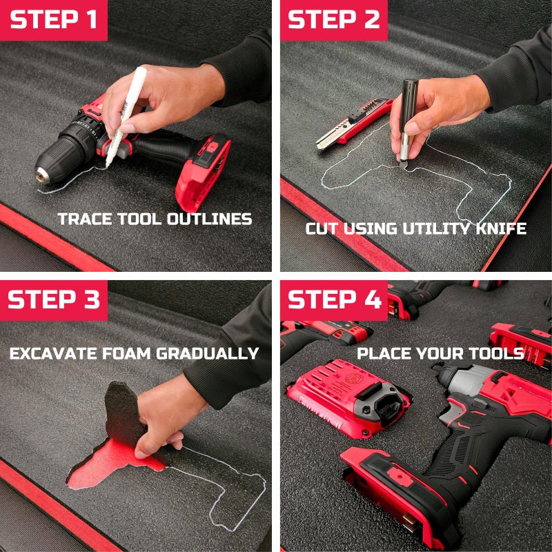 ONREVA Tool Box Foam 16x12x2 inch 3Pack, Foam Inserts for Cases, Polyethylene Storage Sheets for Toolbox Hard Case, Tool Shadow Insert, Kaizen Organizer Sheet, Black with Red - Image 4