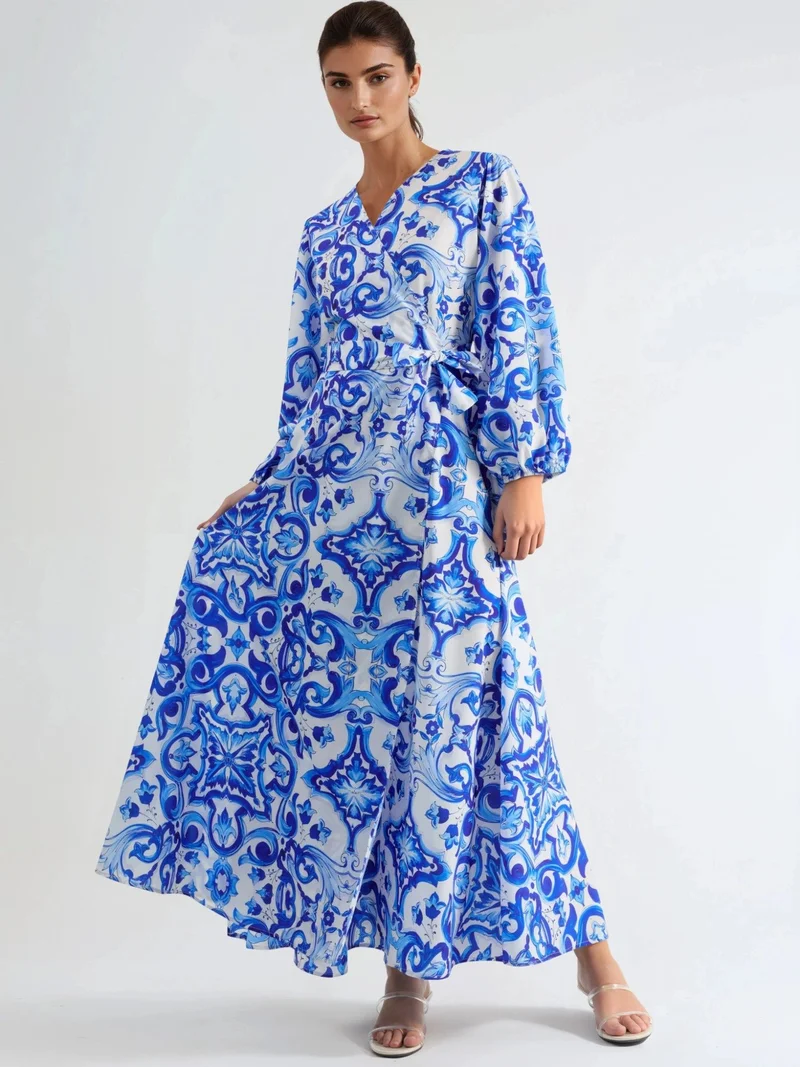 جينيفر Printed V-Neck Maxi Dress with Long Sleeves