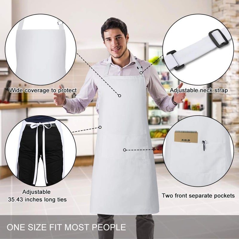 Jubatus 2 Pack Bib Aprons with 2 Pockets Cooking Chef Kitchen Apron for Women Men  White - Image 3