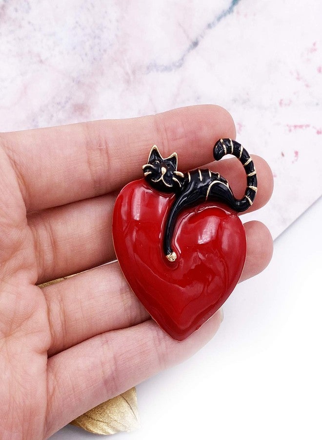 LAXPICOL Lovely Red Black Enamel Cat And Heart Brooch Valentine's Day Gift For Girlfriend Broach Pin - Image 2